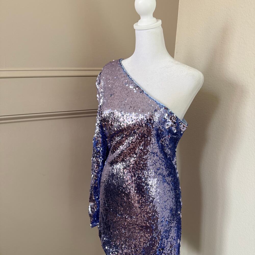 Bardot Blue Sequin One Shoulder Mini Dress Long Sleeve Size S US 4 - Picture 3 of 9